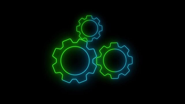 Glowing neon animation of Three gears mechanism on black background. Gear rotation, mechanism with neon glow, clutch mechanics, settings animation concept.with 4k video animation.