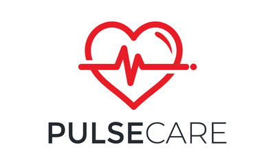 PulseCare logo with heart and ECG line for health monitoring vector template