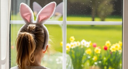 A young girl wearing bunny ears looks out a window at blooming flowers, anticipating Easter