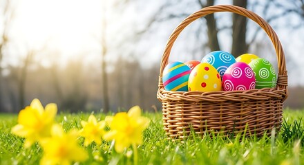 Vibrant Easter eggs in a wicker basket among daffodils in a sunny spring meadow, symbolizing joy and new beginnings