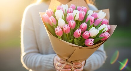 A heartwarming close-up of hands gently holding a beautifully wrapped bouquet of pink and white tulips, symbolizing joy, love, and the arrival of spring