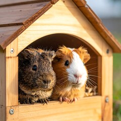 Two adorable guinea pigs peek from a wooden house, bathed in golden sunlight on a grassy surface outside