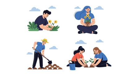 Various people engage in different gardening activities such as planting flowers, digging soil, and tending to plants.