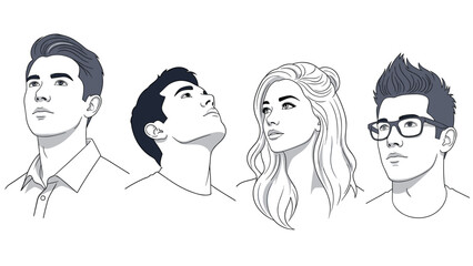 Line drawing of four diverse individuals looking up with expressions of hope, curiosity, and deep contemplation.