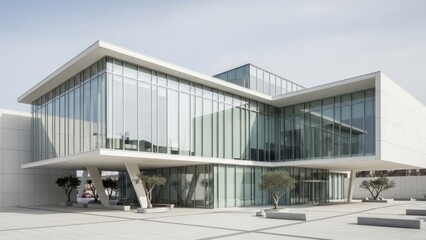 Modern architectural structure with expansive glass facade and geometric design exterior daytime view