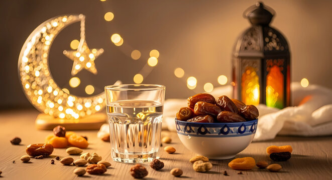 Ramadan iftar table setting with dates and water