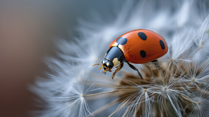 Fototapeta premium ladybug on dandelion seed head in delicate nature scene