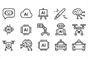 Fototapeta premium Minimal AI and Robotics Outline Icons Collection