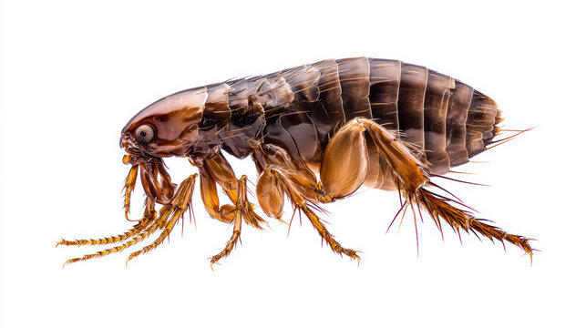 macro image of a flea with high detail on a clean white background