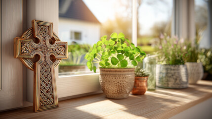 St. Brigid's Day, St Brigid’s Cross and Potted Herbs on Windowsill Symbolizing Renewal and Irish Spiritual Traditions on St Brigid’s Day