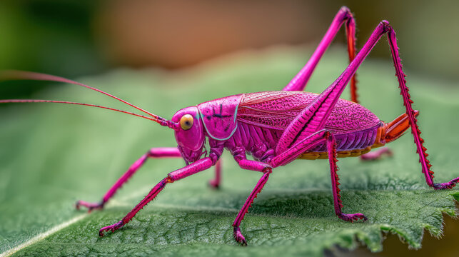 bright pink katydid on green leaf close-up