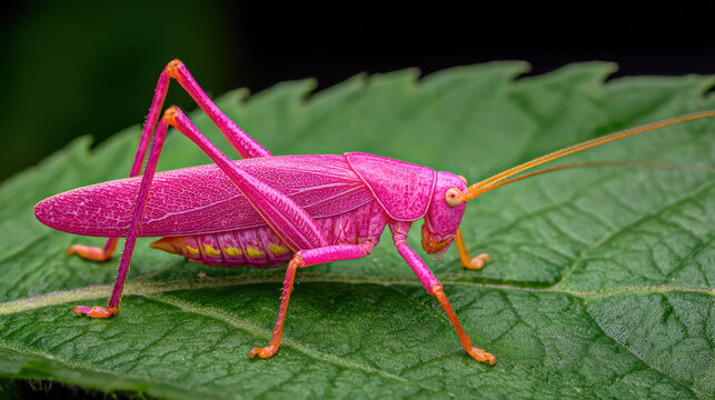 rare bright pink katydid on green leaf close-up