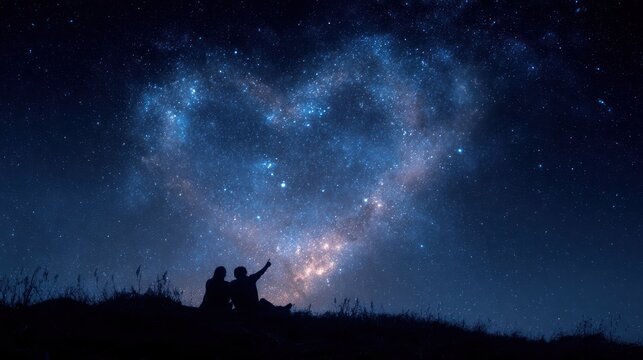 A heart-shaped constellation of stars in the night sky, with a couple lying on a hillside pointing up at it, 8k, realistic, full ultra HD, high resolution, cinematic photography