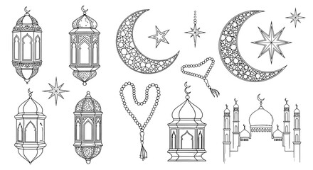 Ramadan Kareem Decorative Element Set with Geometric Crescent Moon, Islamic Lantern Collection, Mosque and Prayer Beads Line Art, Eid Mubarak Hand Drawn Vector Illustration