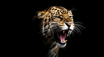Obraz premium Fierce Leopard Portrait - Intense Gaze and Powerful Snarl in Dark Setting.