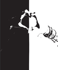 Knife tactical combat with double-edged blade and textured handle, high-precision, black and white silhouette, dynamic pose, modern design, sleek edges, durable materials, combat-ready tool