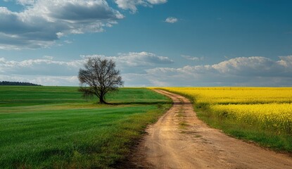 Fototapeta premium Scenic landscape featuring a dirt road through vibrant green and yellow fields, a lone tree