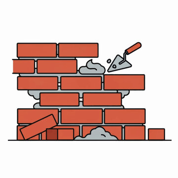 Damaged brick wall with trowel and falling bricks