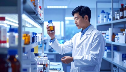 "Scientist in lab coat examining blue‑labeled bottle on shelf, clean organized laboratory with containers, atmosphere of precision, safety, and pharmaceutical research"