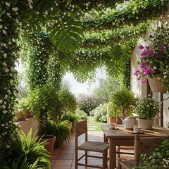 Fototapeta premium Serene outdoor terrace with lush greenery and a charming tea setup