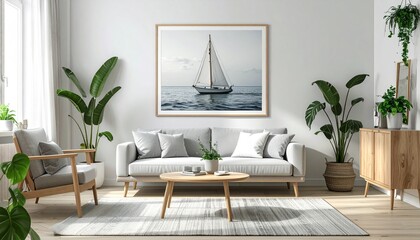 "Modern living room with light gray sofa, sailboat artwork, wooden furniture, plants, and natural light creating clean, minimalist, inviting atmosphere"