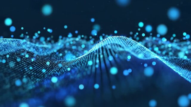 Digital waves of blue glowing particles form an abstract landscape of information flow suitable for modern technology backgrounds.