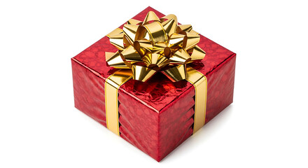 Obraz premium a festive red gift box with a shiny gold bow elegantly presented for holiday celebrations or special occasions isolated on white.