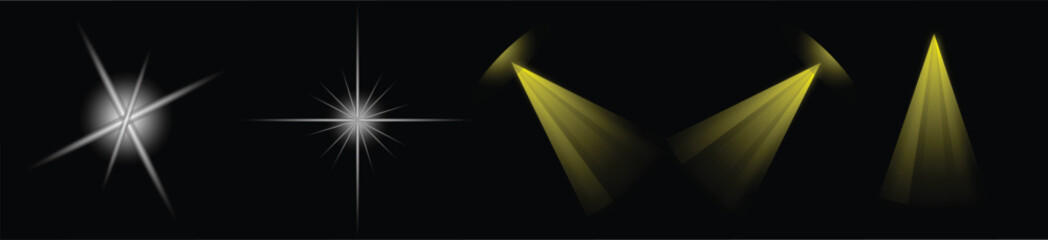 Abstract light beams and starbursts on black background