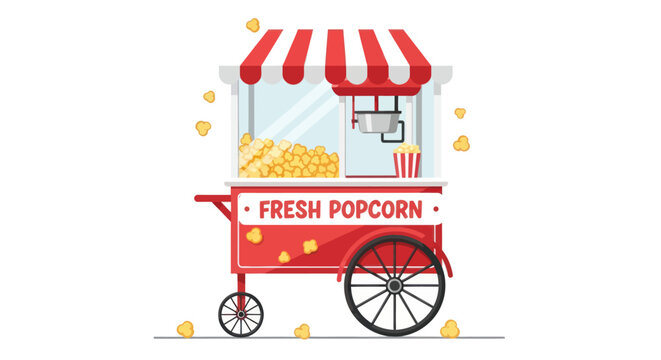 Vintage Red Popcorn Cart with Freshly Popped Kernels and Striped Awning.