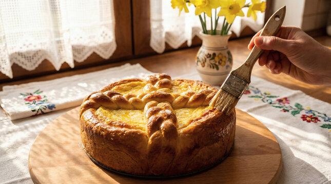 Glazing Traditional Romanian Pasca Easter Bread with Cheese Cross on Wooden Table