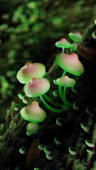 Glowing Mushrooms in Dark Forest Floor.