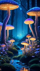 Glowing Mushrooms in Dark Forest Scene.