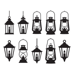 Lantern and Lamp Vector Set Vintage, Hanging, and Street Light Silhouettes