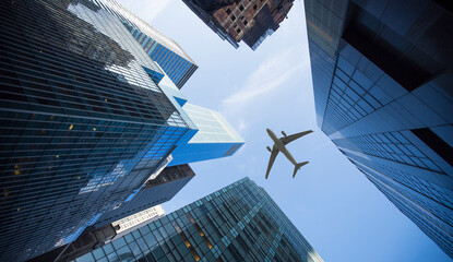 An airplane flies over the skyscrapers of New York.