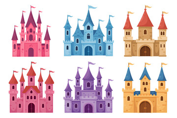 Obraz premium Magical castles collection fairy tale fantasy towers colorful kingdoms cartoon style buildings on transparent background
