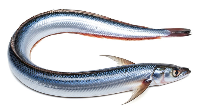 fresh slender fish with silver scales and red fins curved and isolated on white background perfect for seafood and culinary content.