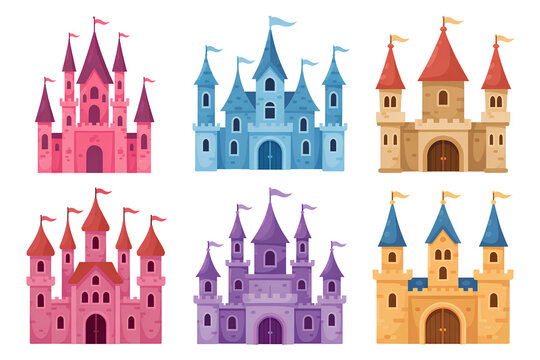 Magical castles collection fairy tale fantasy towers colorful kingdoms cartoon style buildings on transparent background