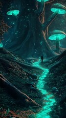 Mystical forest with glowing mushrooms path.