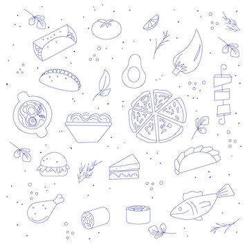 Hand-drawn food illustration set in minimal line style. Collection of meals, snacks, vegetables, seafood and herbs. Simple doodle food icons isolated on white background. Suitable for menu design, pac