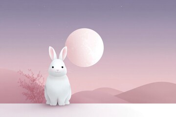 a cute white rabbit smiling under the moon, pastel color background