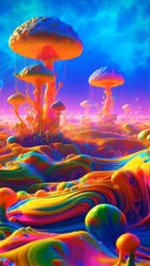 Vibrant surreal mushrooms in colorful landscape.