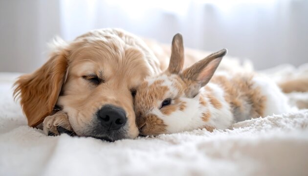 Golden Retriever Dog and Bunny Rabbit Sleeping Together Peacefully.