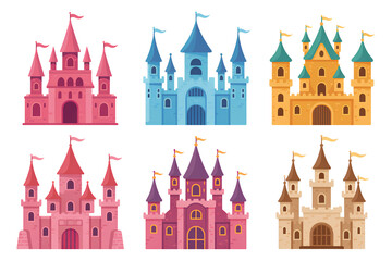 Obraz premium Whimsical fairy tale castle icons in different colors for fantasy gaming and children storybook illustration