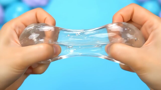 Clear Plastic Slime Stretched to Breaking Point by Hands Against Blue Background