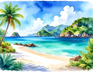 Naklejka premium A serene beach scene with turquoise water and palm trees