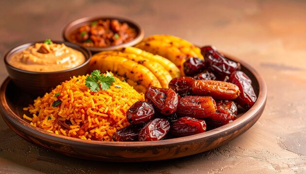 Abundant Nigerian Ramadan food feast with white rice fried plantains and dates served on a wooden platter for iftar