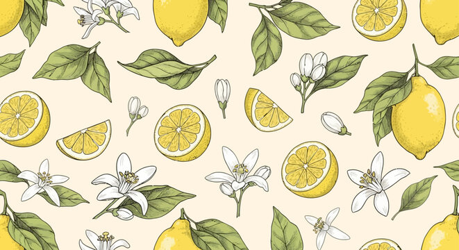 seamless lemon botanical pattern fresh citrus blossoms and leaves on light background ideal for healthy natural designs.