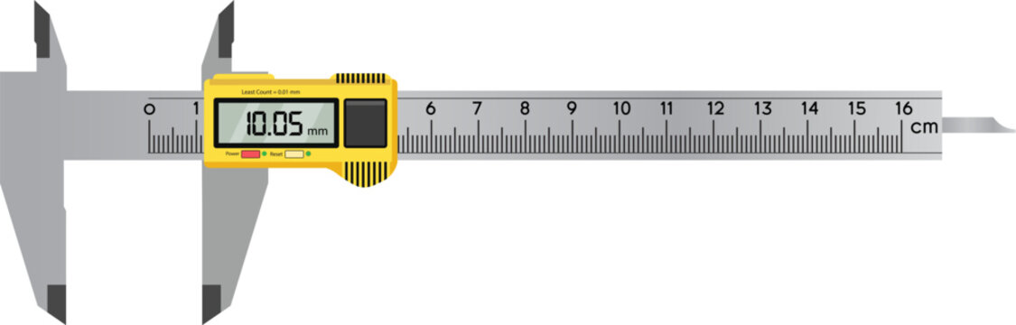 A yellow measuring digital vernier calipers and on white display numbers to measure length and size