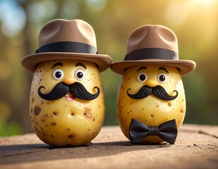 Two anthropomorphic potatoes with mustaches and hats sit on weathered wood in soft, blurred, sun-drenched outdoor setting