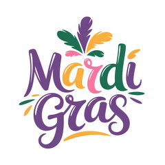 Vibrant Mardi Gras celebration with colorful feathers and text